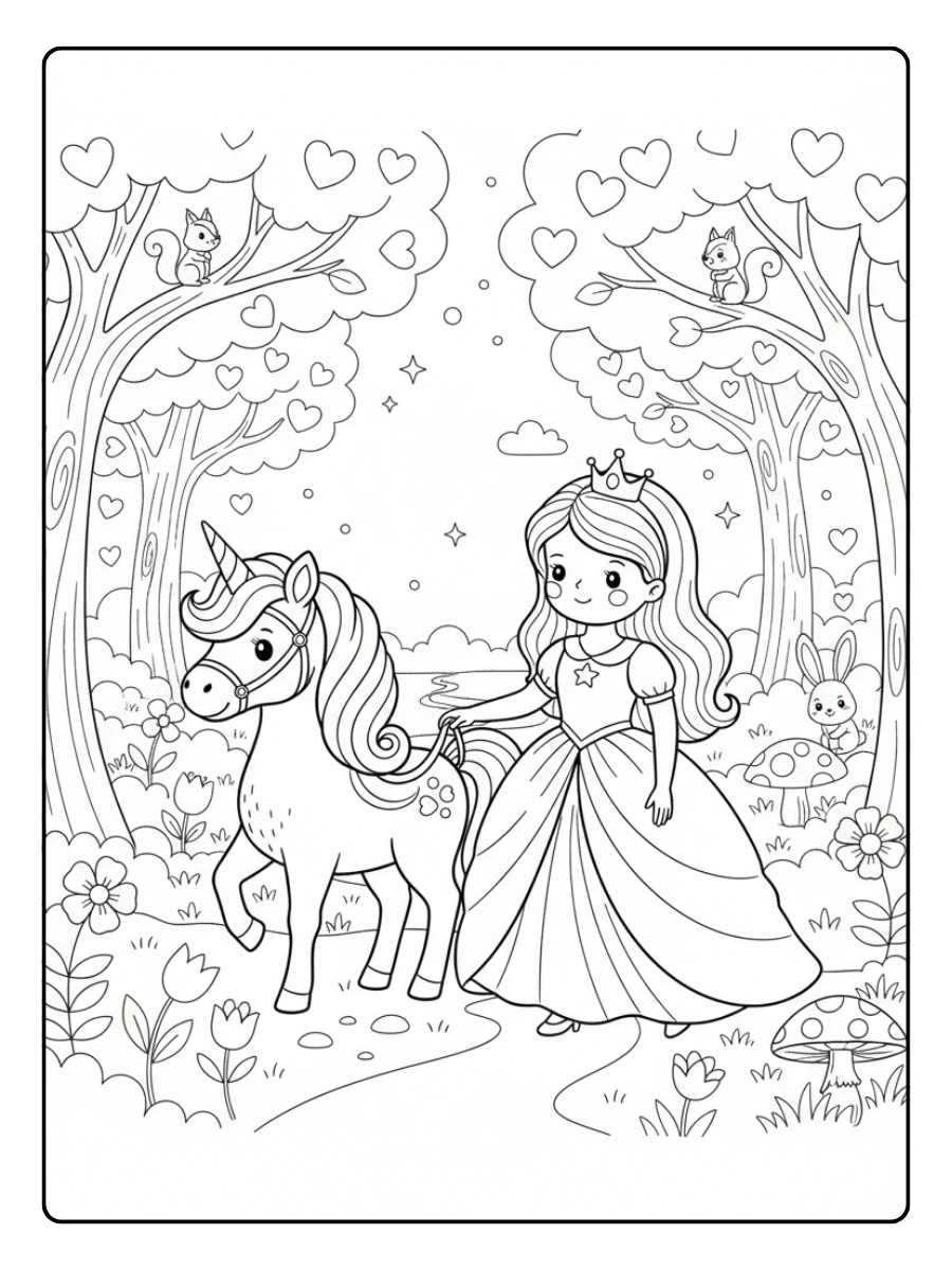 Cute Unicorn Coloring Pages – Princess and Unicorn Forest Adventure