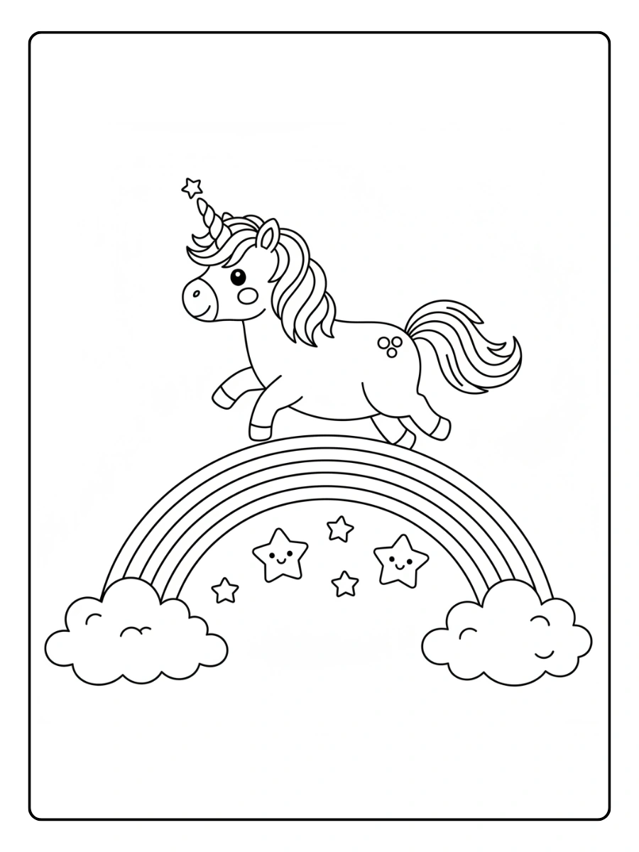 Cute Unicorn Coloring Pages – Unicorn Riding a Rainbow Bridge
