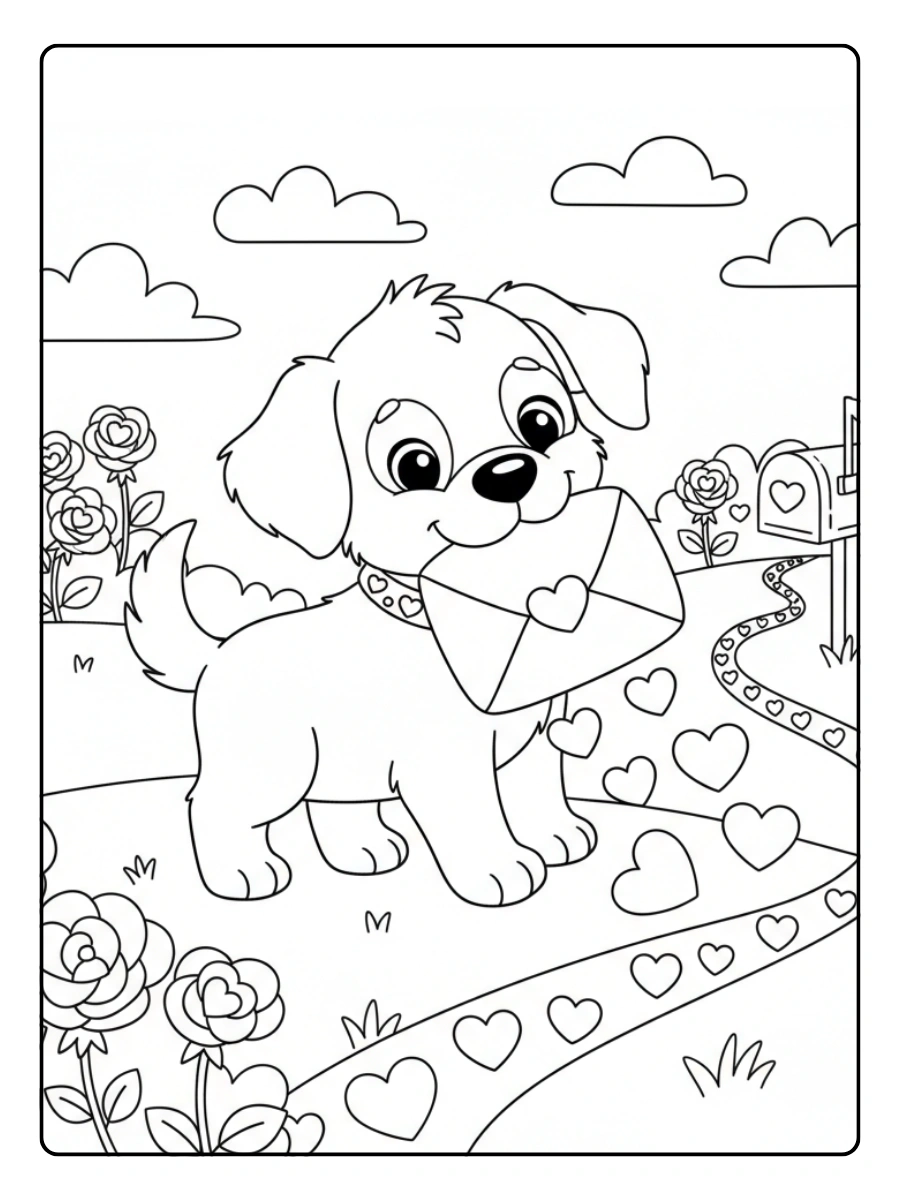 Cute Valentine’s Day Coloring Pages – Puppy Delivering Heart Shaped Mail