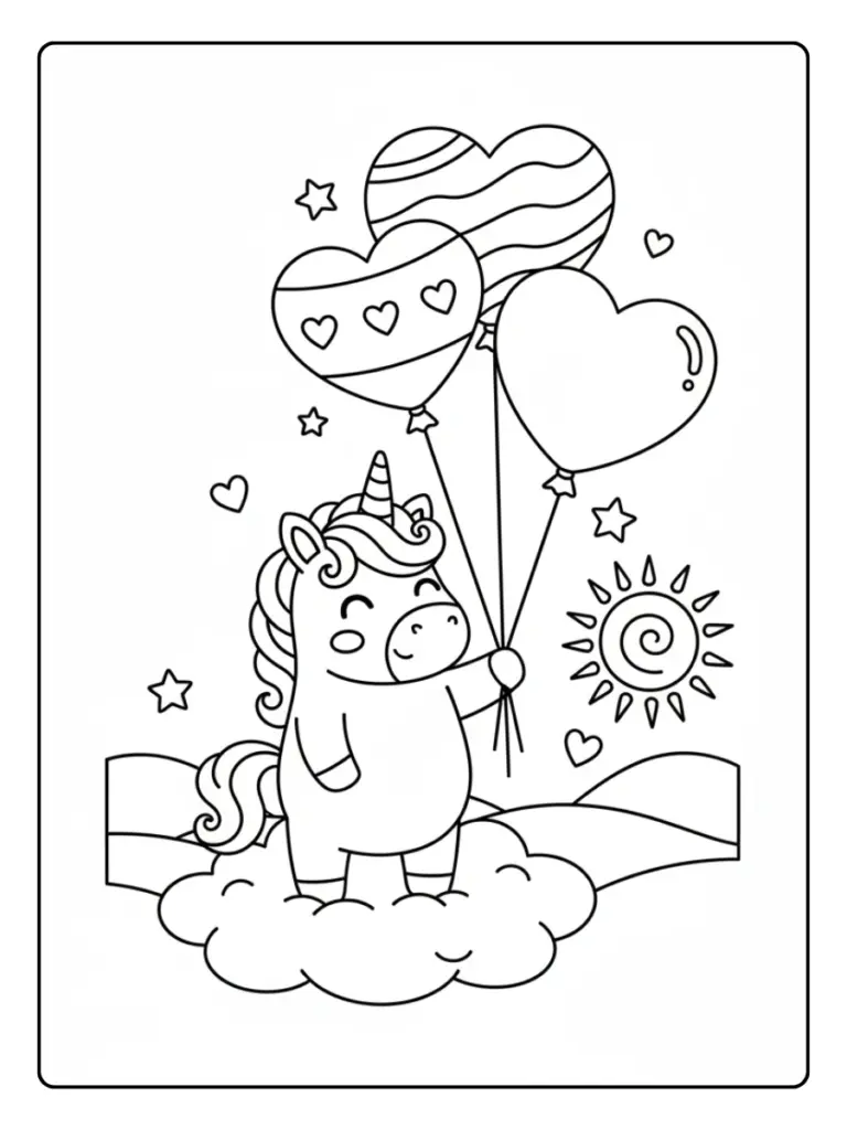Cute Valentine’s Day Coloring Pages – Unicorn with Heart Balloons