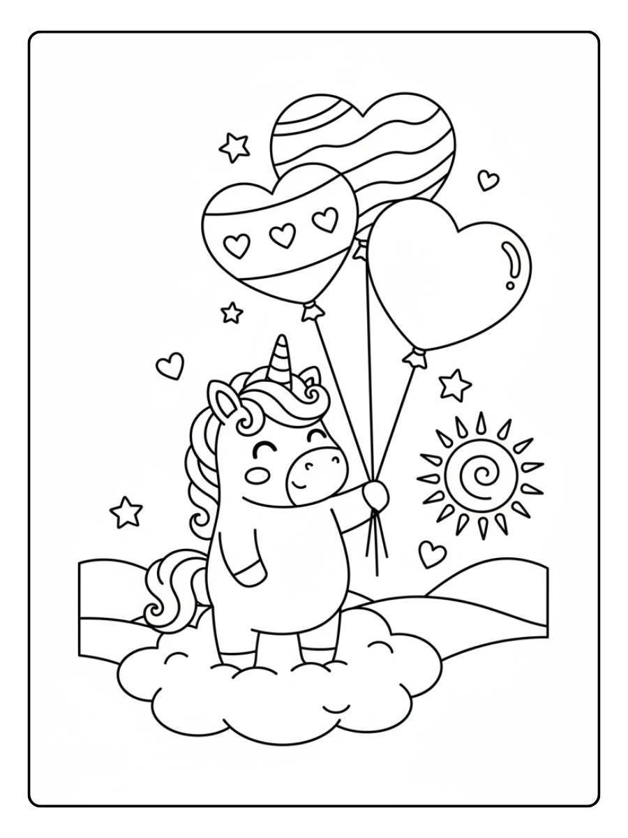 Cute Valentine’s Day Coloring Pages – Unicorn with Heart Balloons