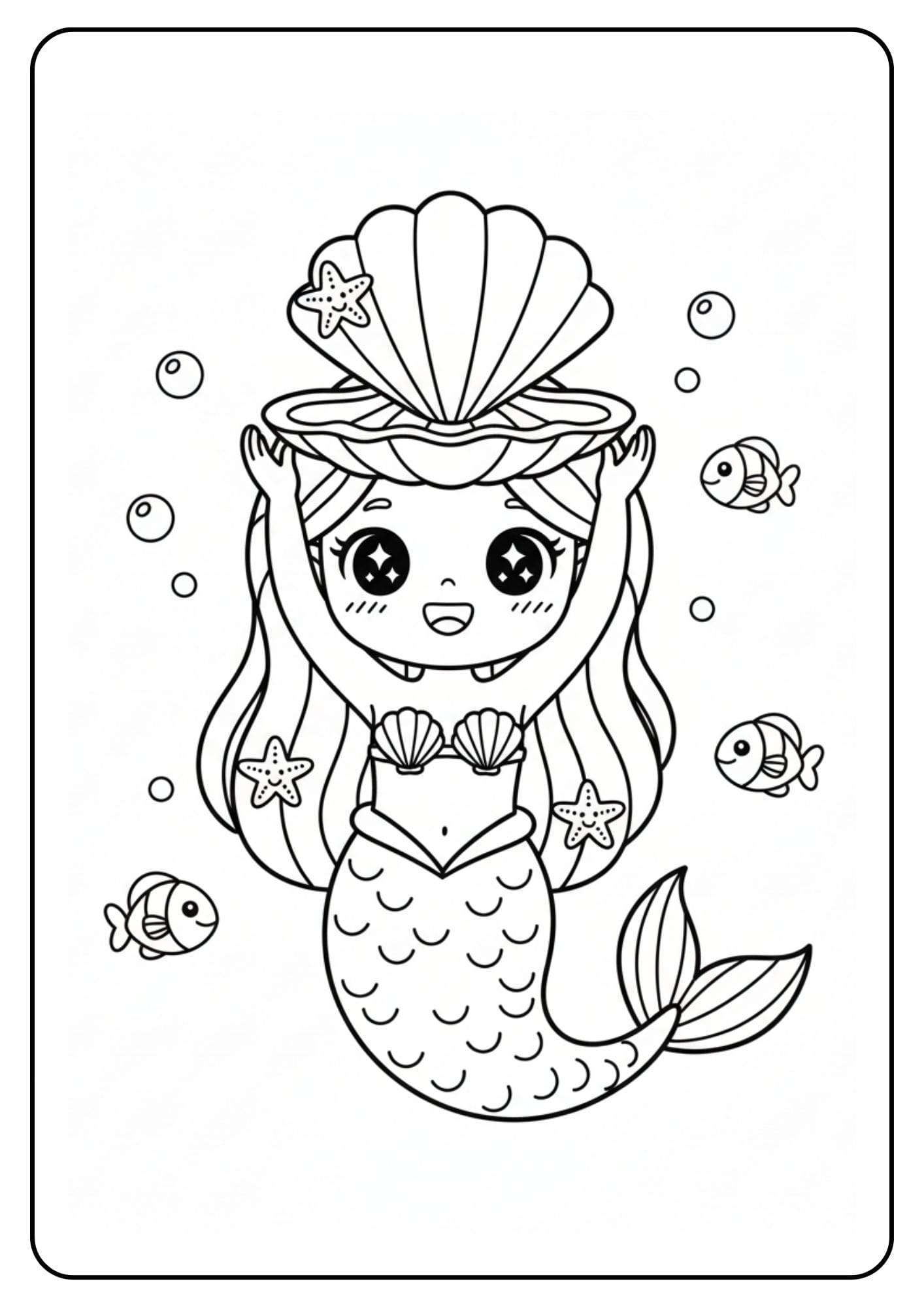 Cute mermaid coloring page holding seashell