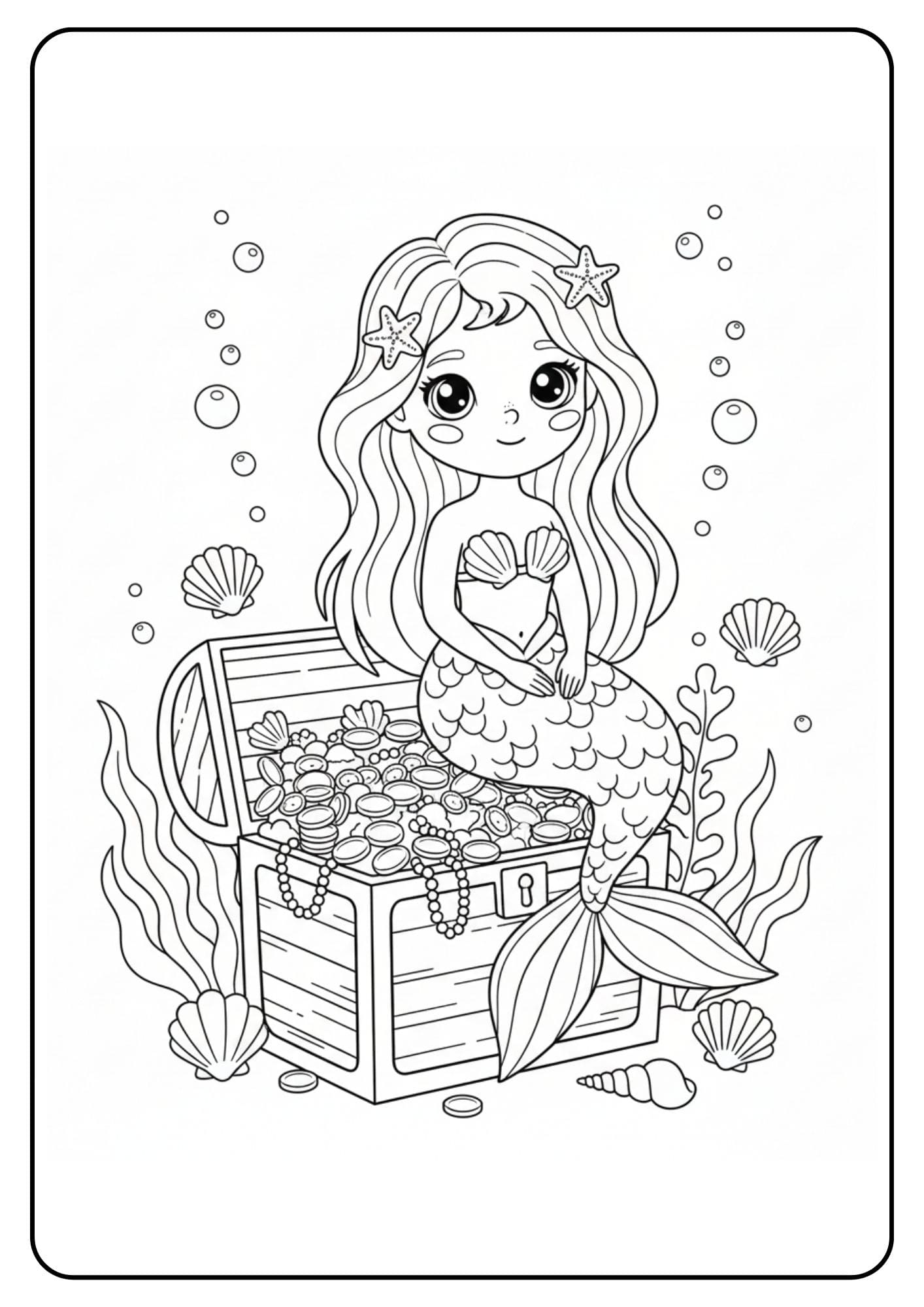 Cute mermaid coloring page treasure chest