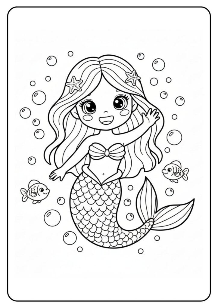 Cute mermaid coloring page waving