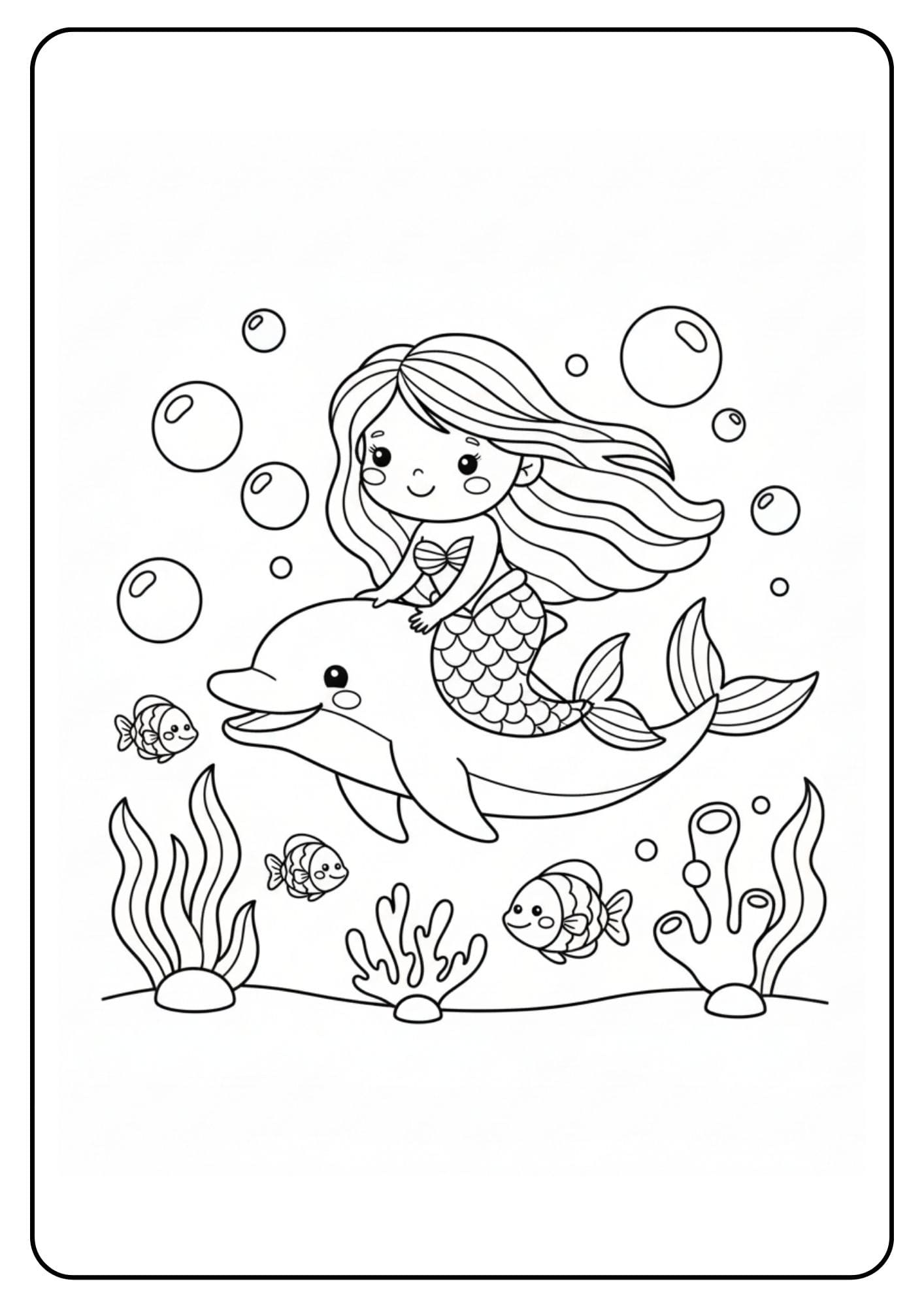 Cute mermaid coloring page with dolphin