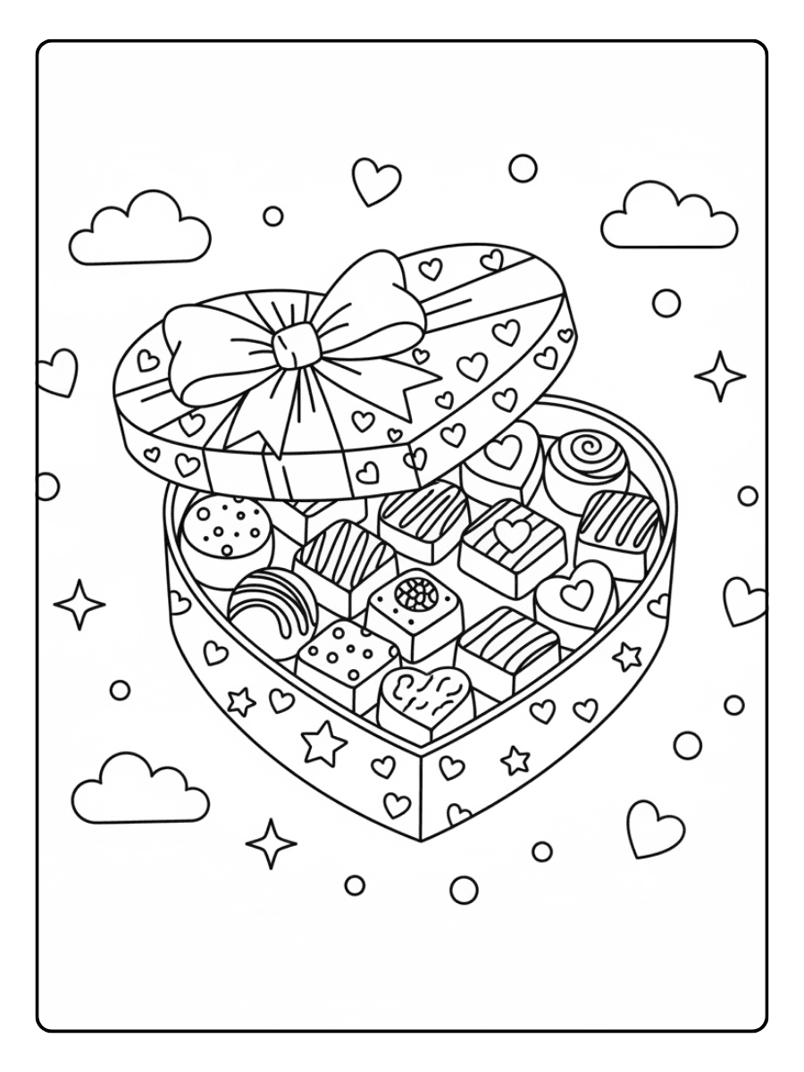 Heart Shaped Box of Chocolates Cute Coloring Pages for Valentines Day