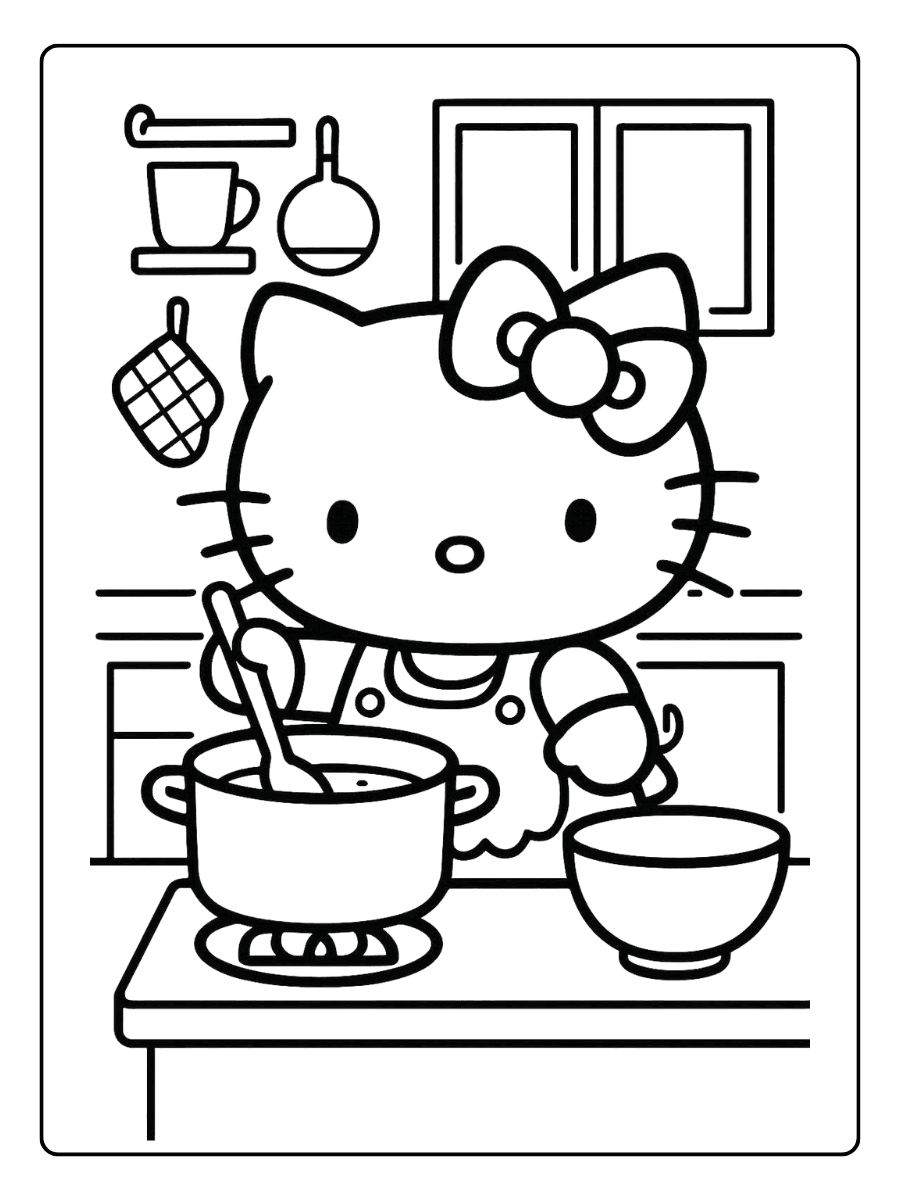 Hello Kitty Cooking in the Kitchen – Cute Hello Kitty Coloring Page