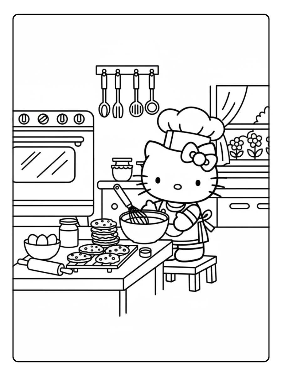 Hello Kitty Cooking in the Kitchen – Cute Hello Kitty Coloring Page