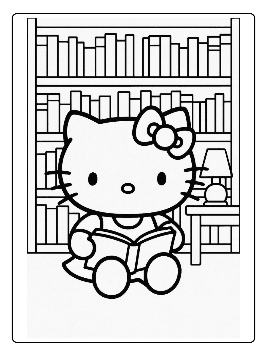 Hello Kitty Reading in the Library – Cute Hello Kitty Coloring Page