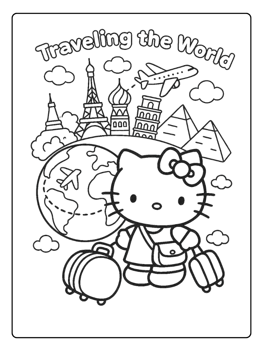 Hello Kitty Traveling the World – Cute Hello Kitty Coloring Page