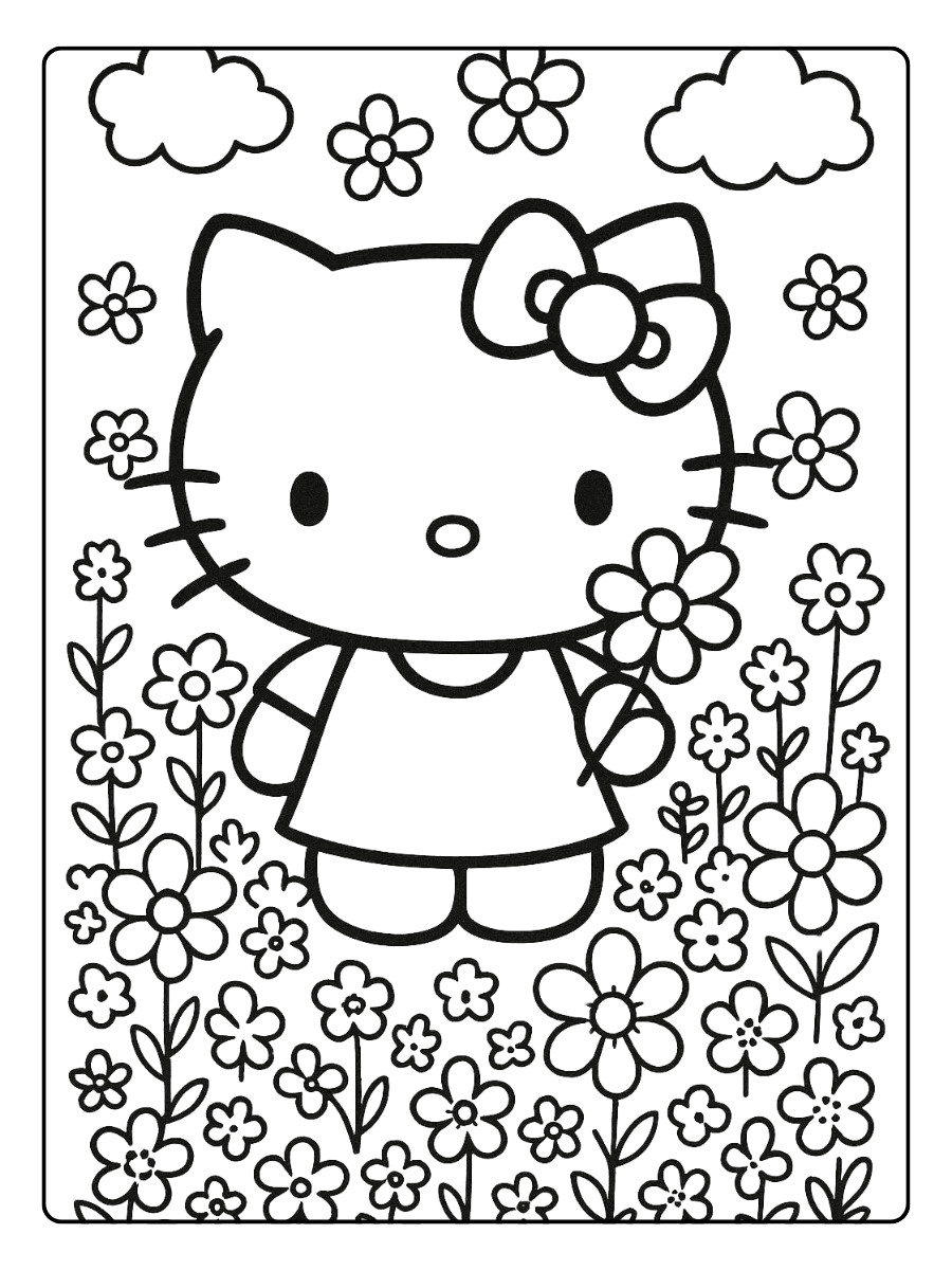 Hello Kitty in a Flower Garden – Cute Hello Kitty Coloring Page