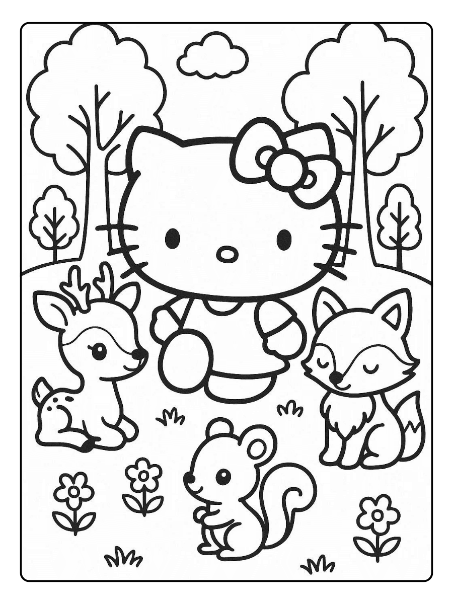 Hello Kitty with Forest Animals – Cute Hello Kitty Coloring Page