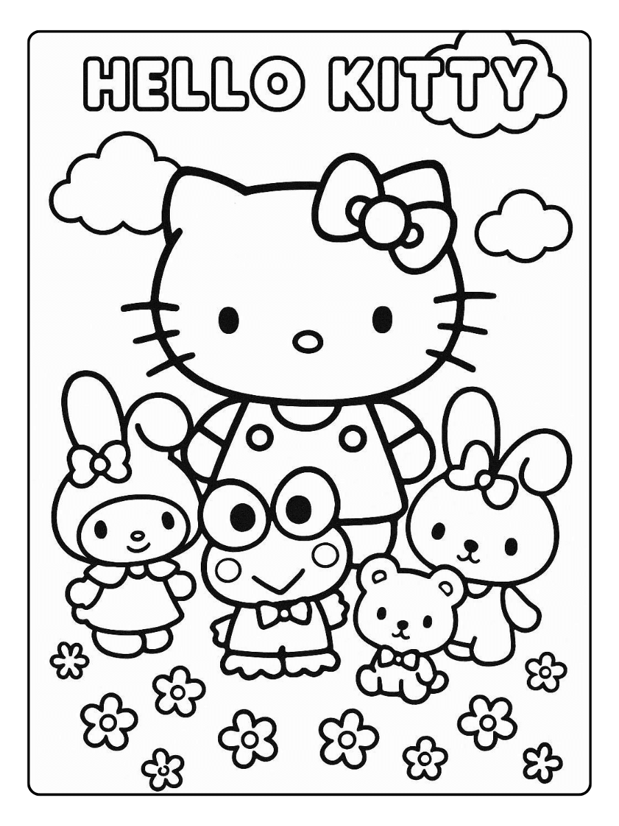 Hello Kitty with Friends – Cute Hello Kitty Coloring Page