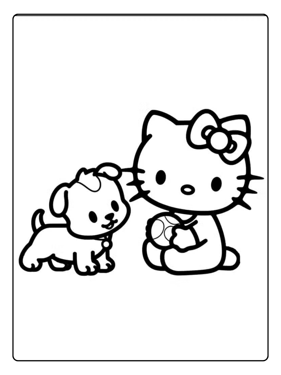 Hello Kitty with Pets – Cute Hello Kitty Coloring Page