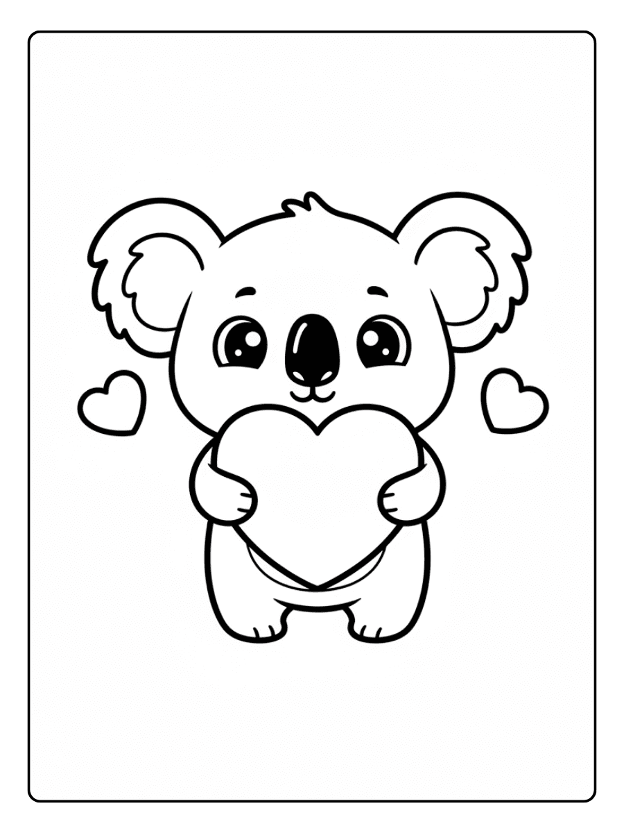 Koala Hugging a Big Heart Cute Coloring Pages for Valentines Day