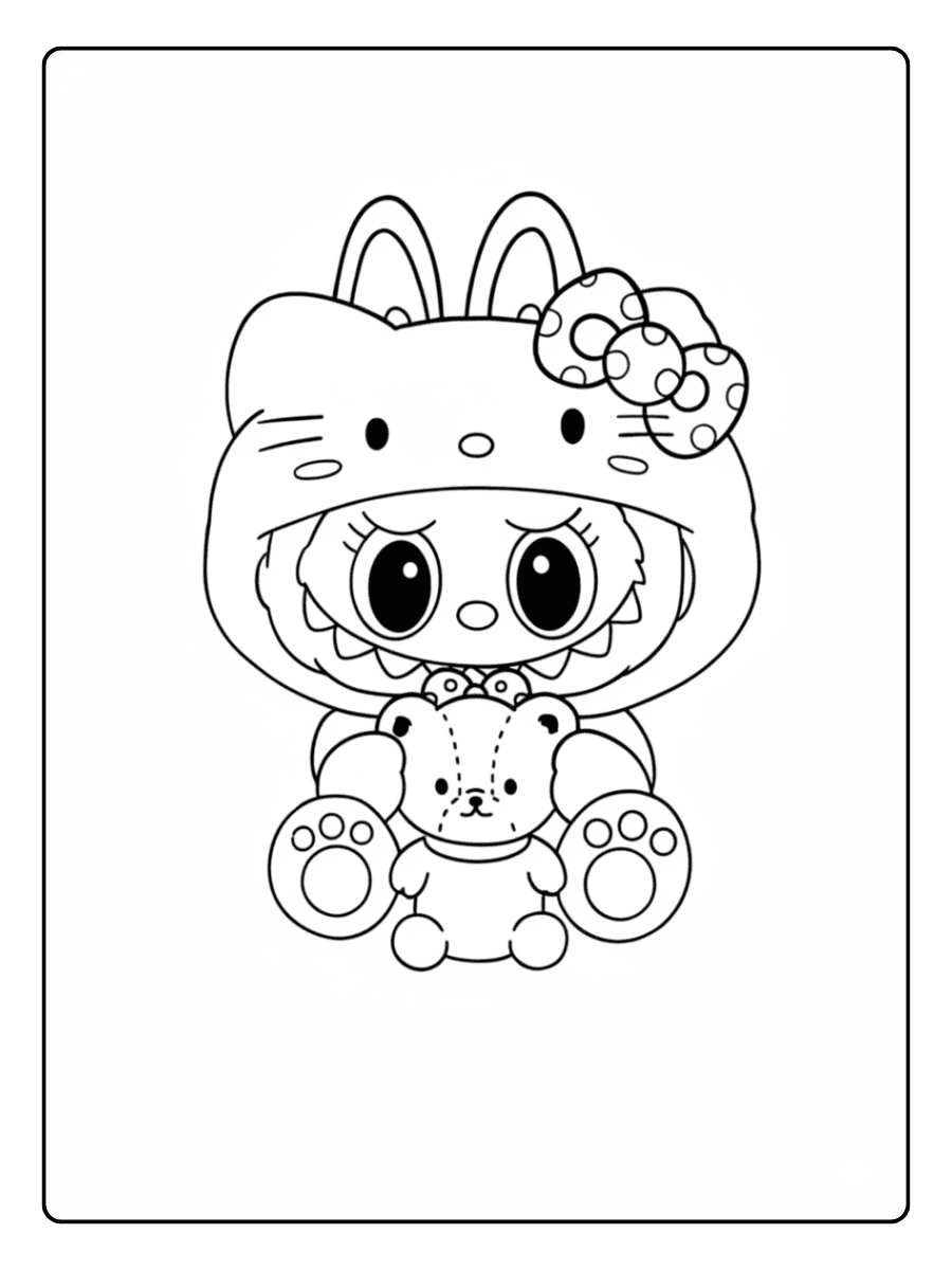 Labubu Coloring Pages Labubu in Hello Kitty costume