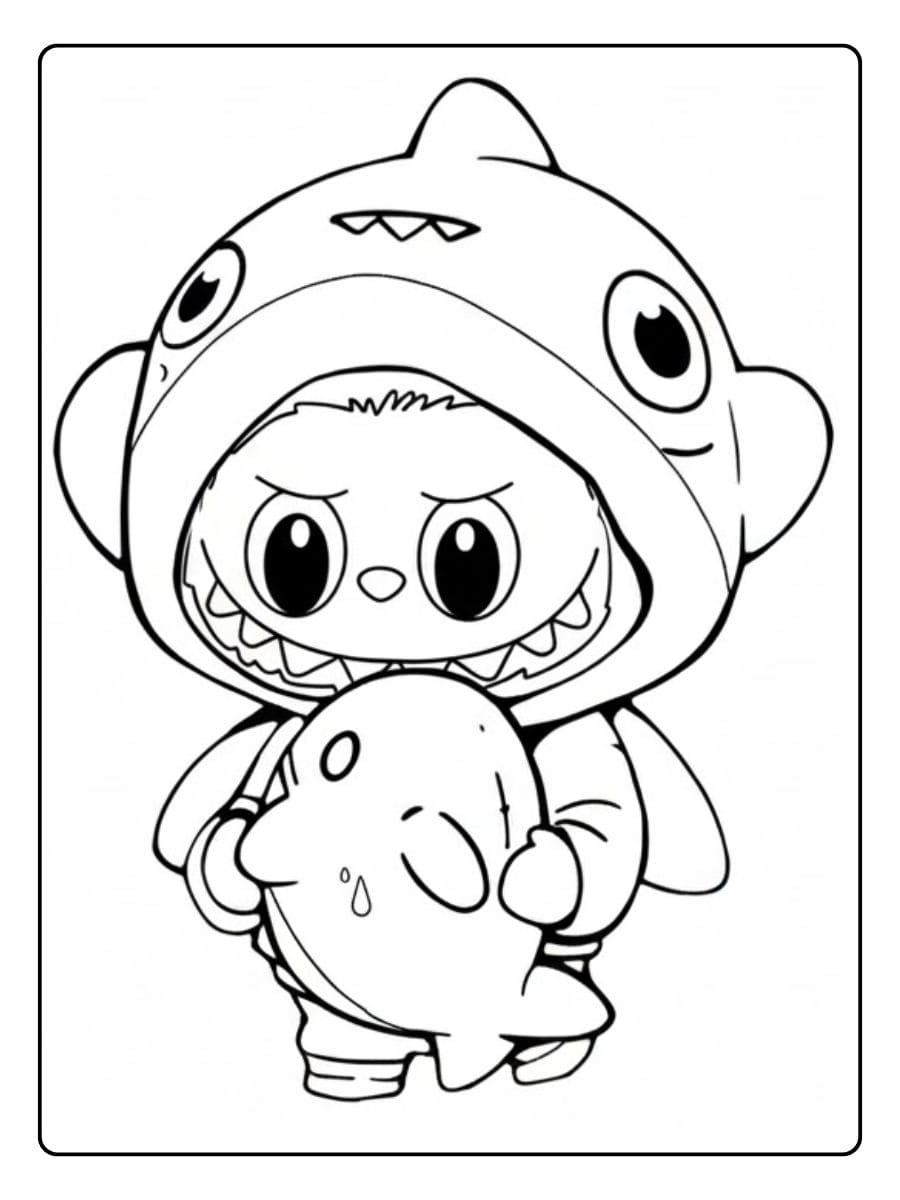 Labubu Coloring Pages in Shark Costume