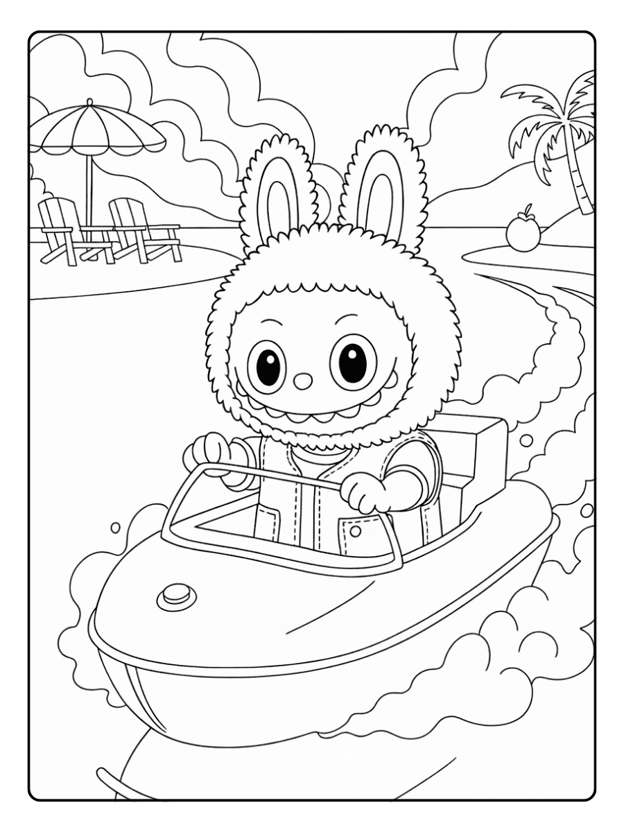 Labubu Coloring Pages – Labubu driving a boat