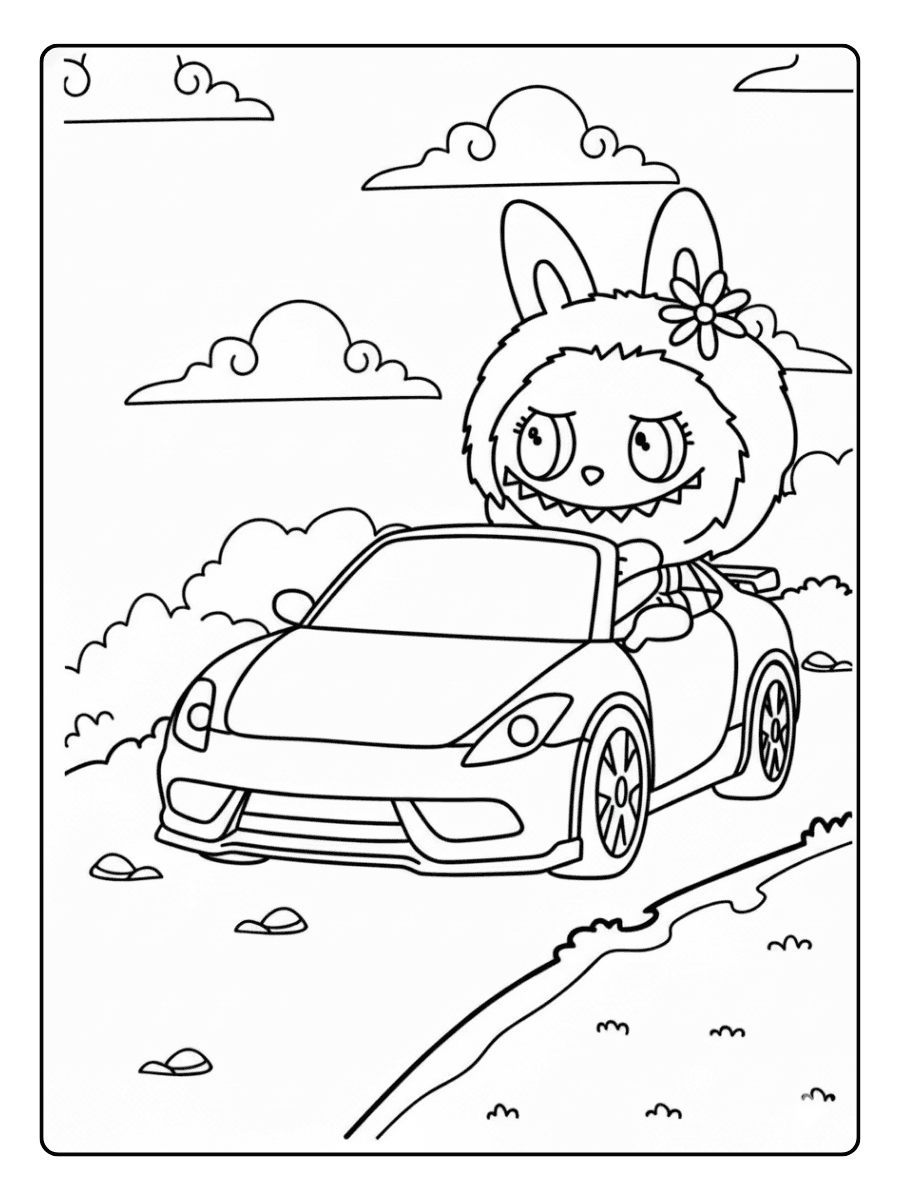 Labubu Coloring Pages – Labubu driving a car