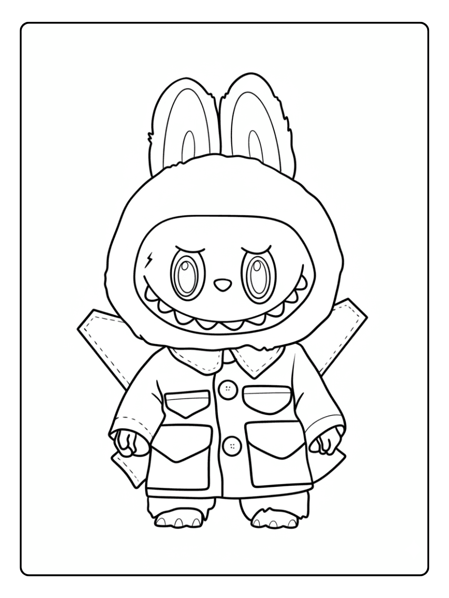 Labubu Coloring Pages – Labubu in a coat with wings