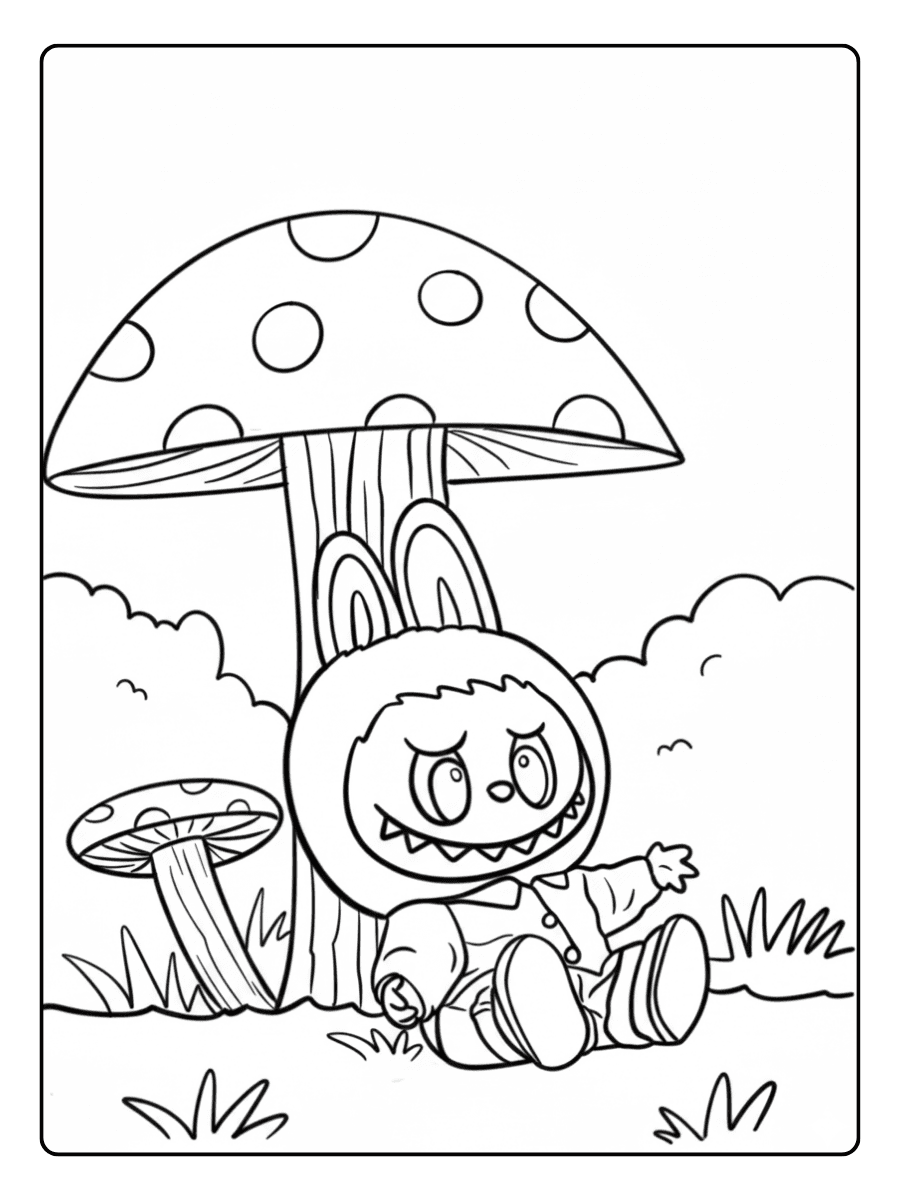 Labubu Coloring Pages – Labubu under a mushroom