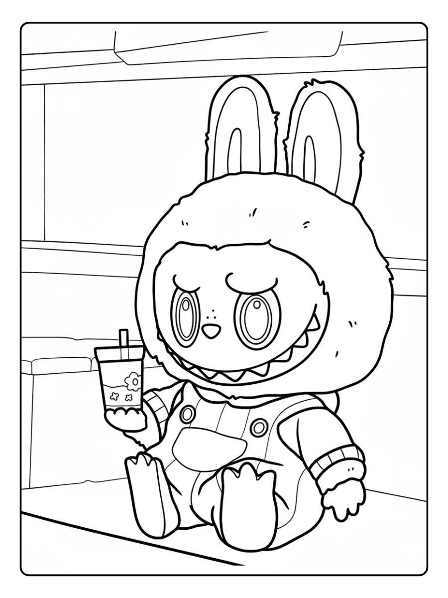 Labubu Coloring Pages – Labubu with a drink