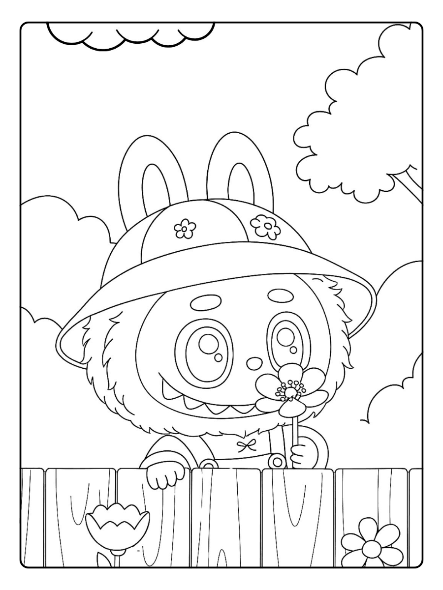 Labubu Coloring Pages – Labubu with a flower