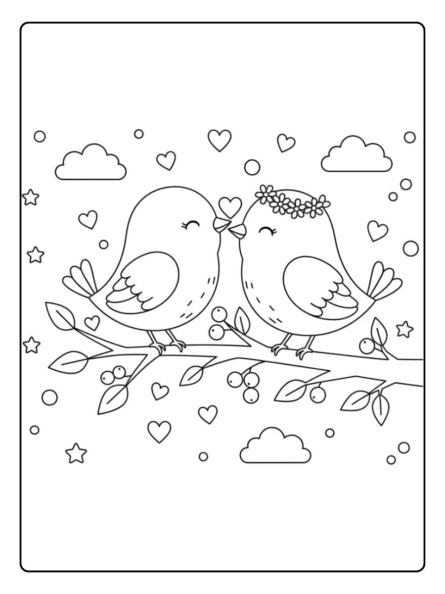 Love Birds on a Branch Cute Coloring Pages for Valentines Day