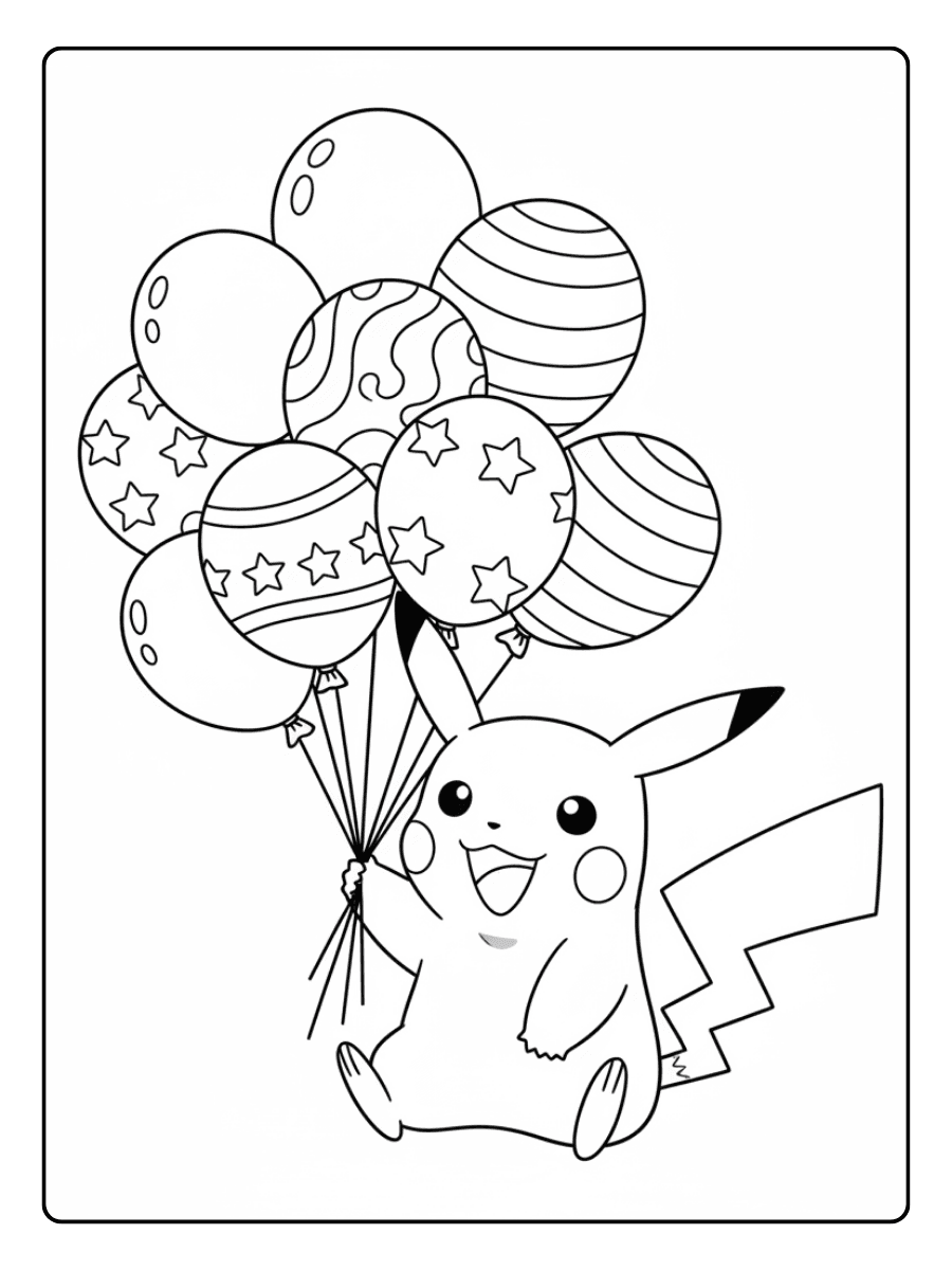 Pikachu Coloring Pages – Pikachu with Balloons