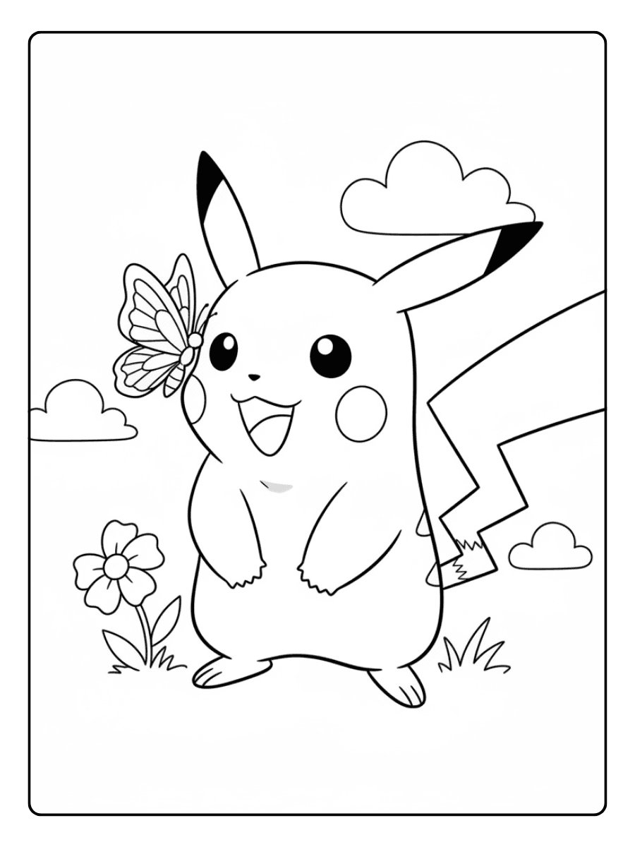 Pikachu Coloring Pages – Pikachu with Butterfly