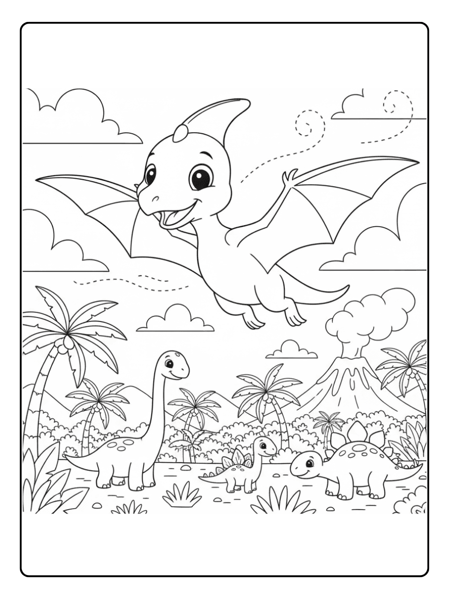 Playful Pterodactyl Flying Cute Dinosaur Coloring Pages