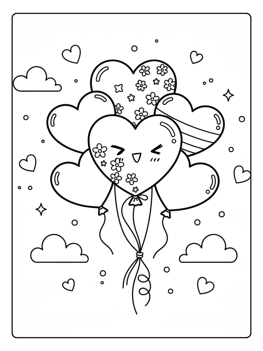Romantic Heart Balloons Cute Coloring Pages for Valentines Day