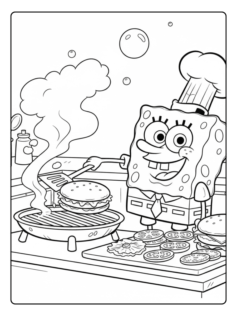 SpongeBob Coloring Pages – SpongeBob Cooking Krabby Patty