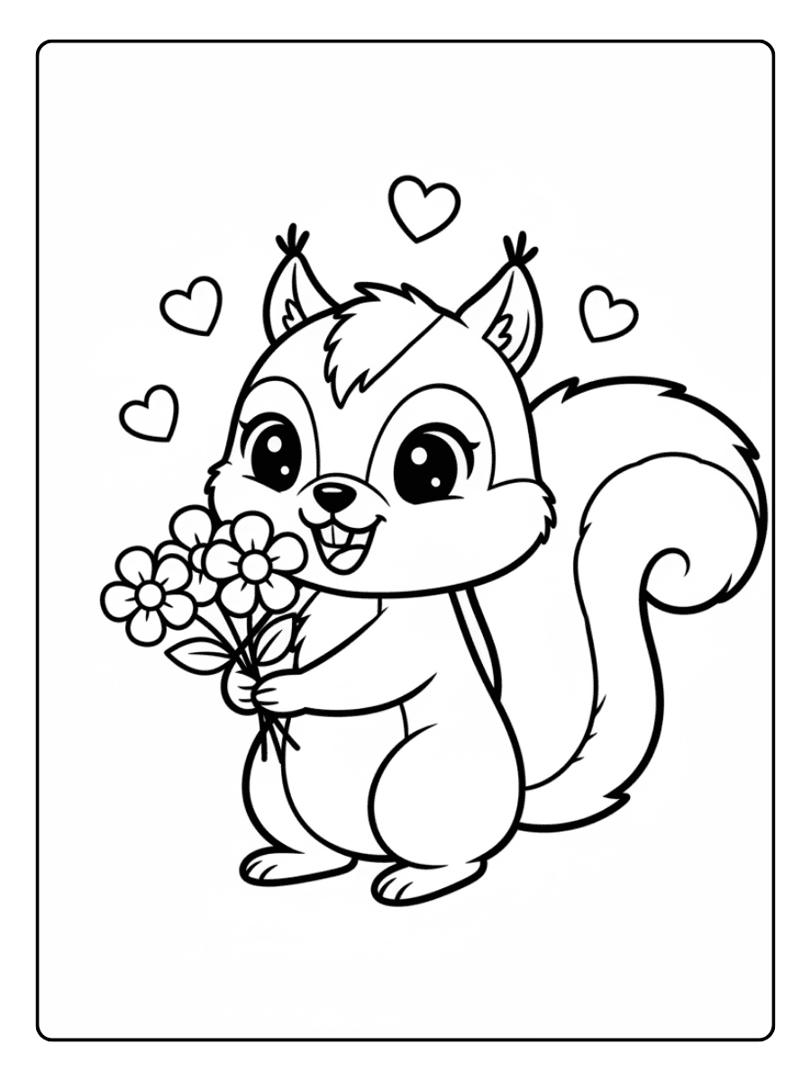 Squirrel Giving Flowers Cute Coloring Pages for Valentines Day