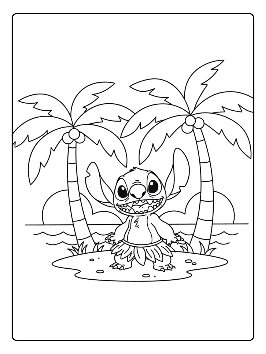 Stitch Coloring Pages – Stitch with Palm Trees