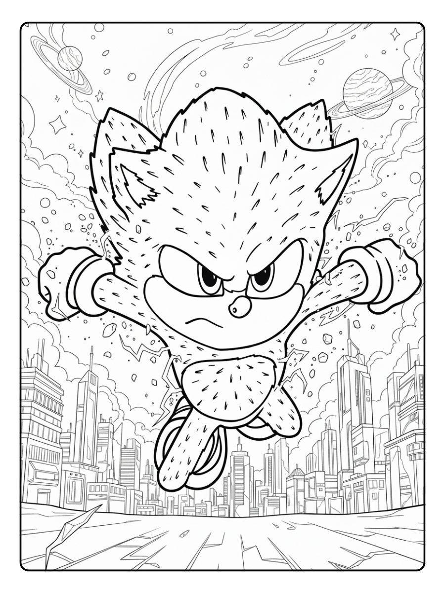 Super Sonic Coloring Pages – Sonic Flying Cityscape