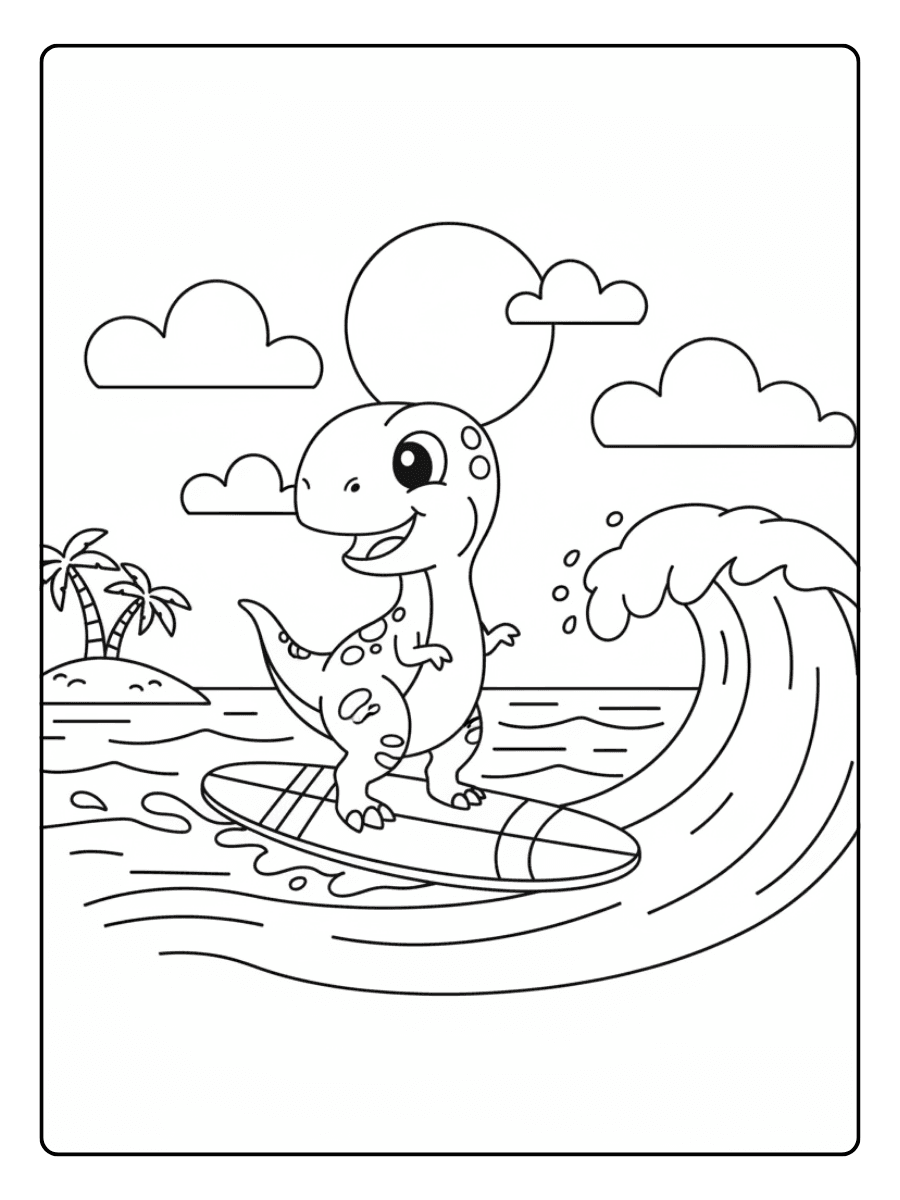 Surfing Dinosaur Cute Dinosaur Coloring Pages