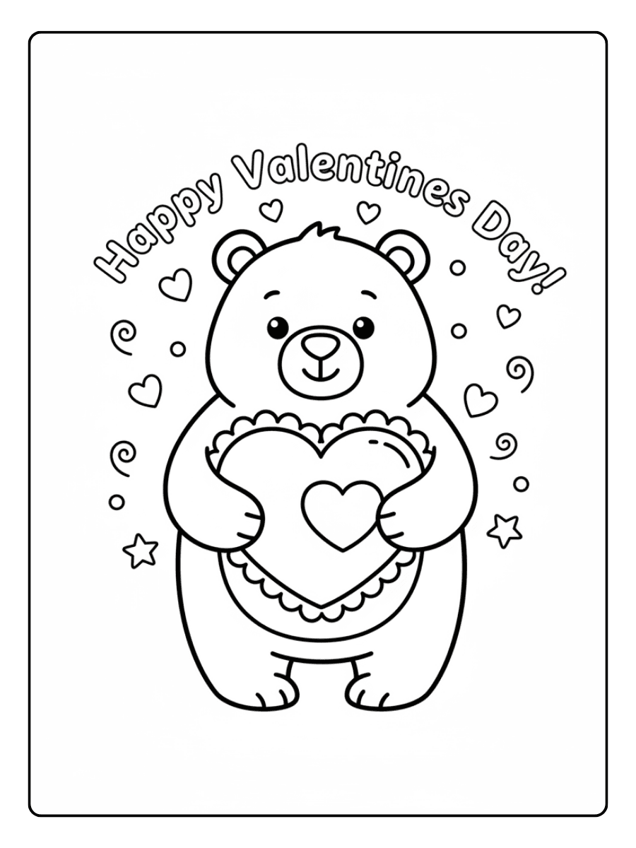 Sweet Bear Holding a Heart Cute Coloring Pages for Valentines Day