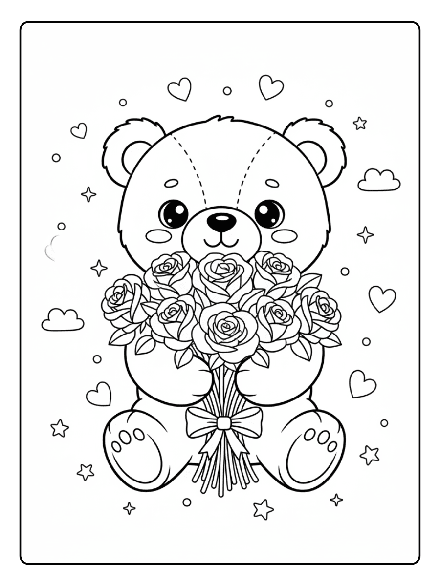 Teddy Bear with Roses Cute Coloring Pages for Valentines Day