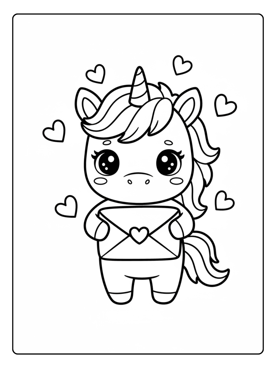 Unicorn with Valentine Envelope Cute Coloring Pages for Valentines Day