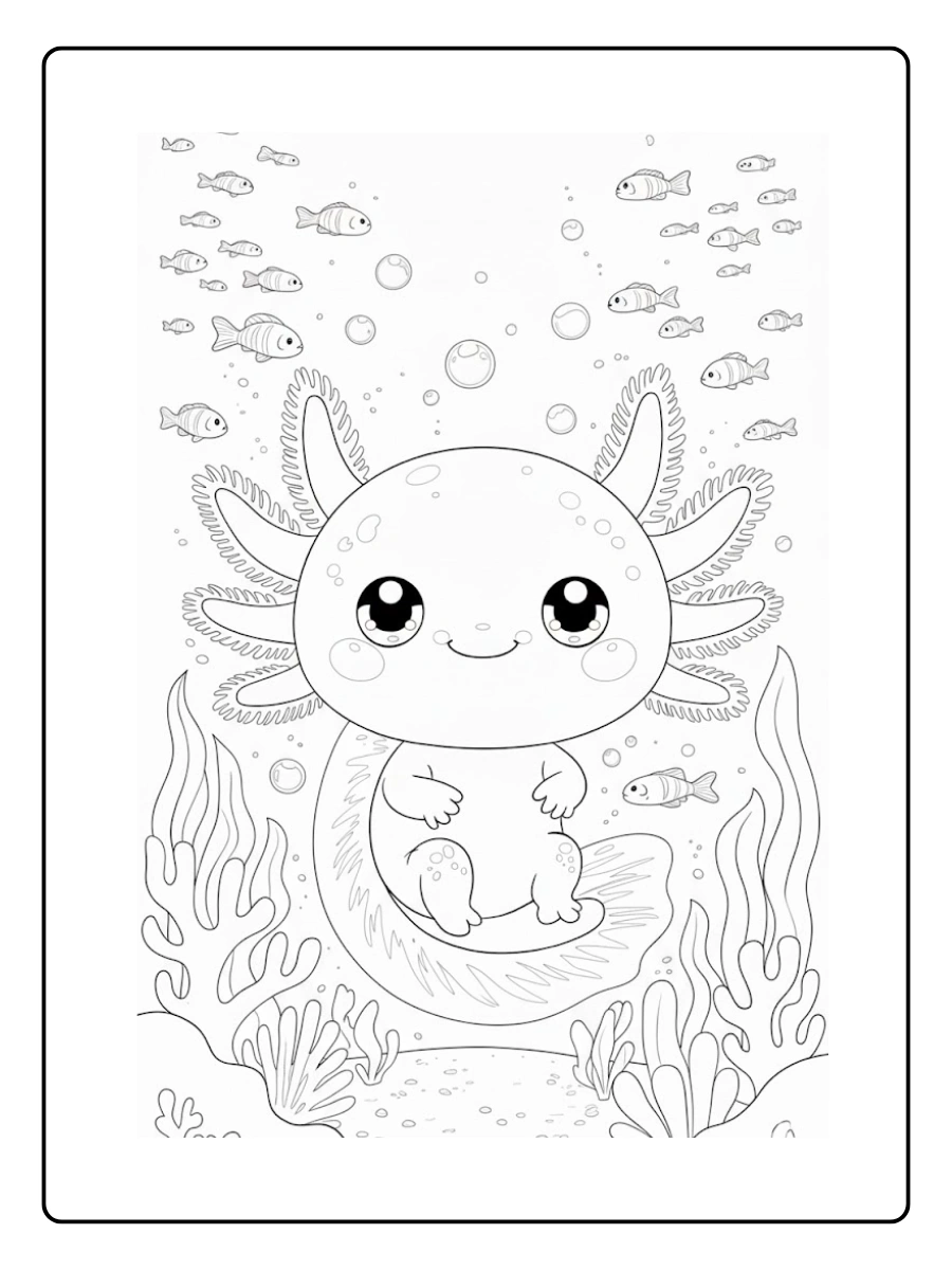 Cute Axolotl Coloring Pages – Axolotl with Bubble Background