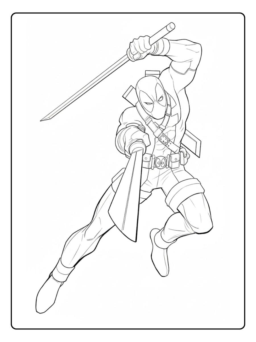 Action Pose Deadpool Coloring Pages Outline