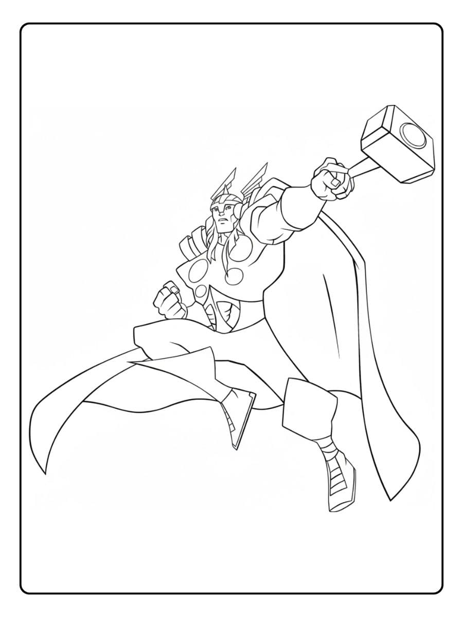 Action Pose Thor Black and White Line Art for Coloring