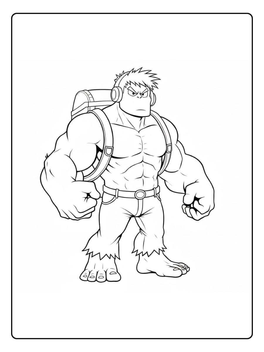 Angry Giant Monster Hulk with Headphones and Backpack Simple Outline Black and White Coloring Page