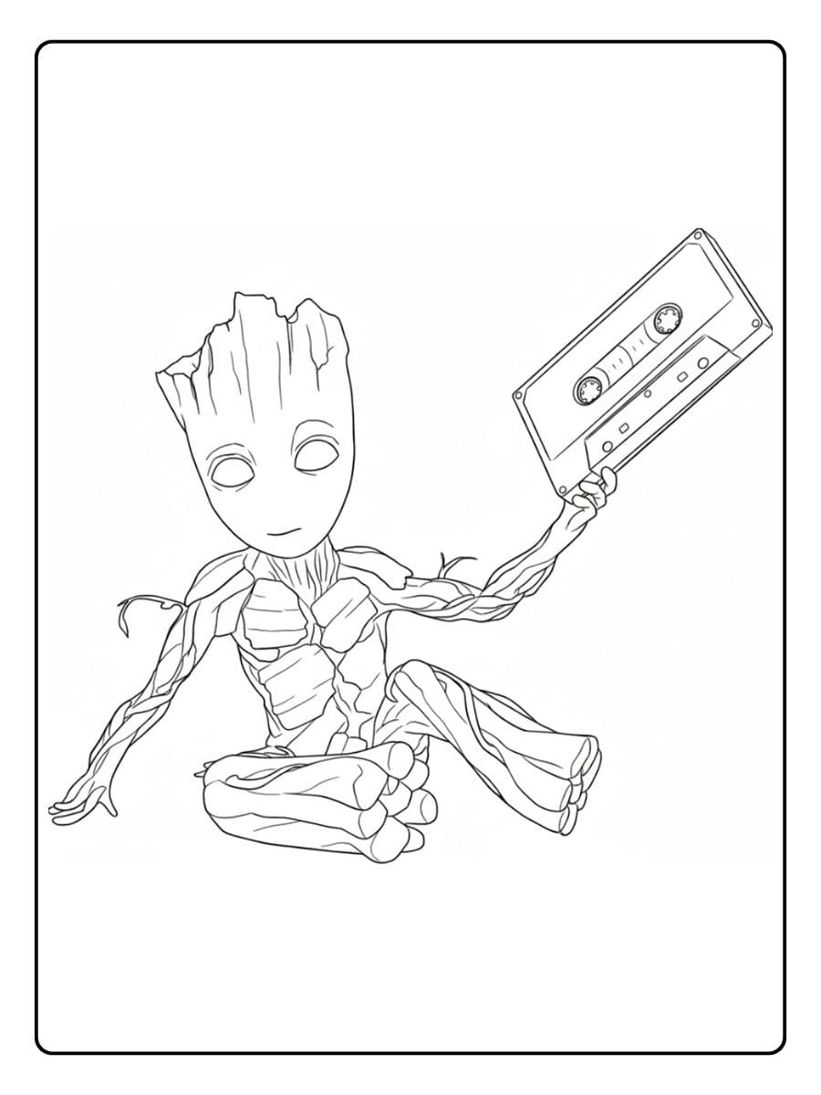 Baby Groot Coloring Pages with Cassette Tape Outline