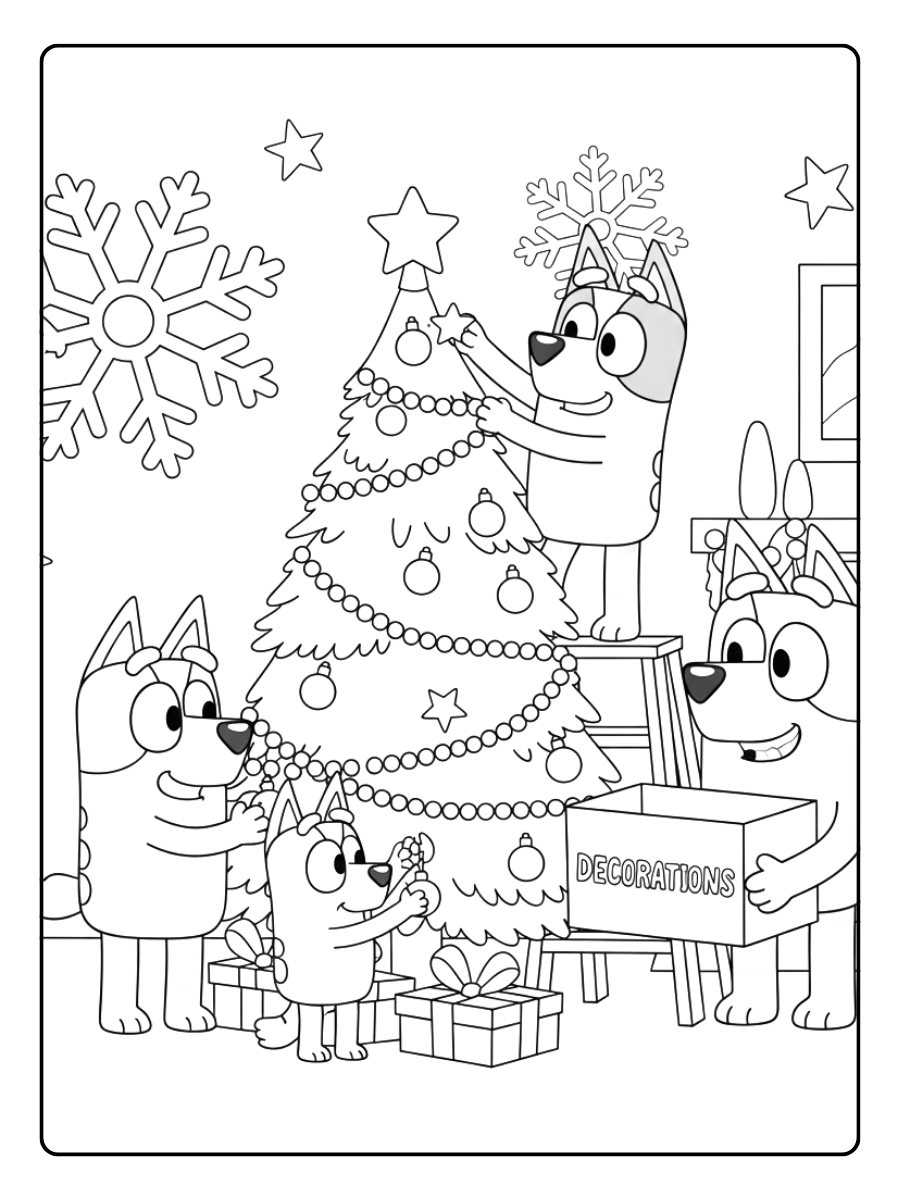 Bluey Christmas Coloring Pages – Bluey Decorating Tree