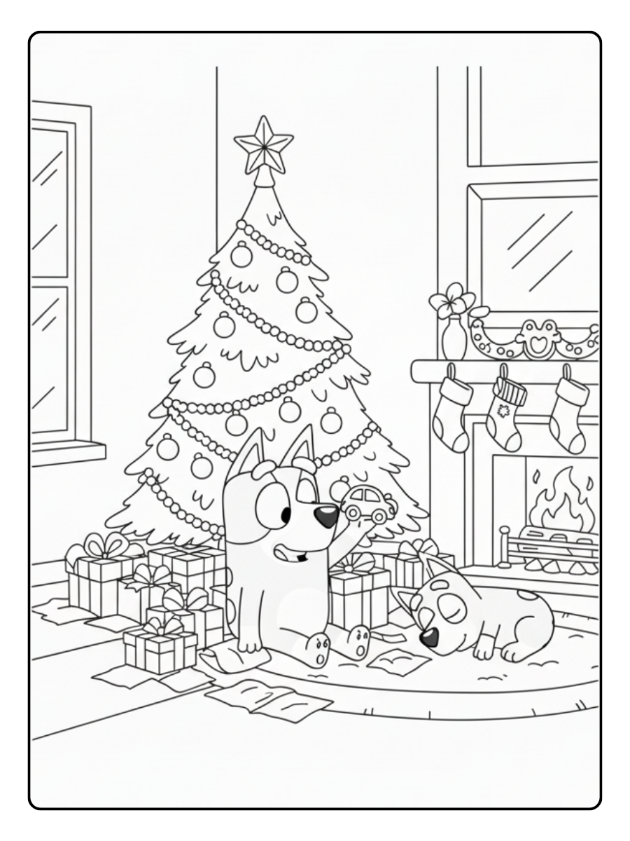 Bluey Christmas Coloring Pages – Bluey Opening Presents