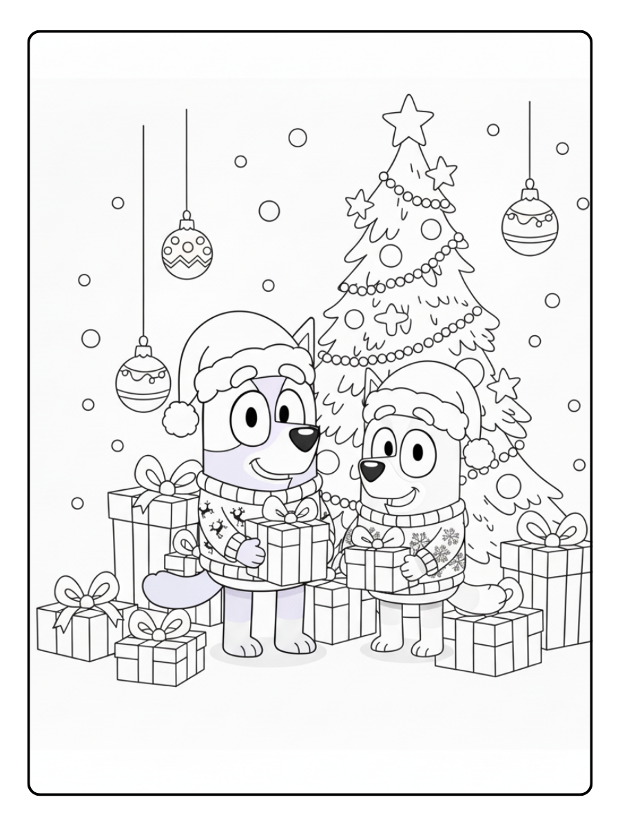 Bluey Christmas Coloring Pages – Bluey and Bingo with Gifts
