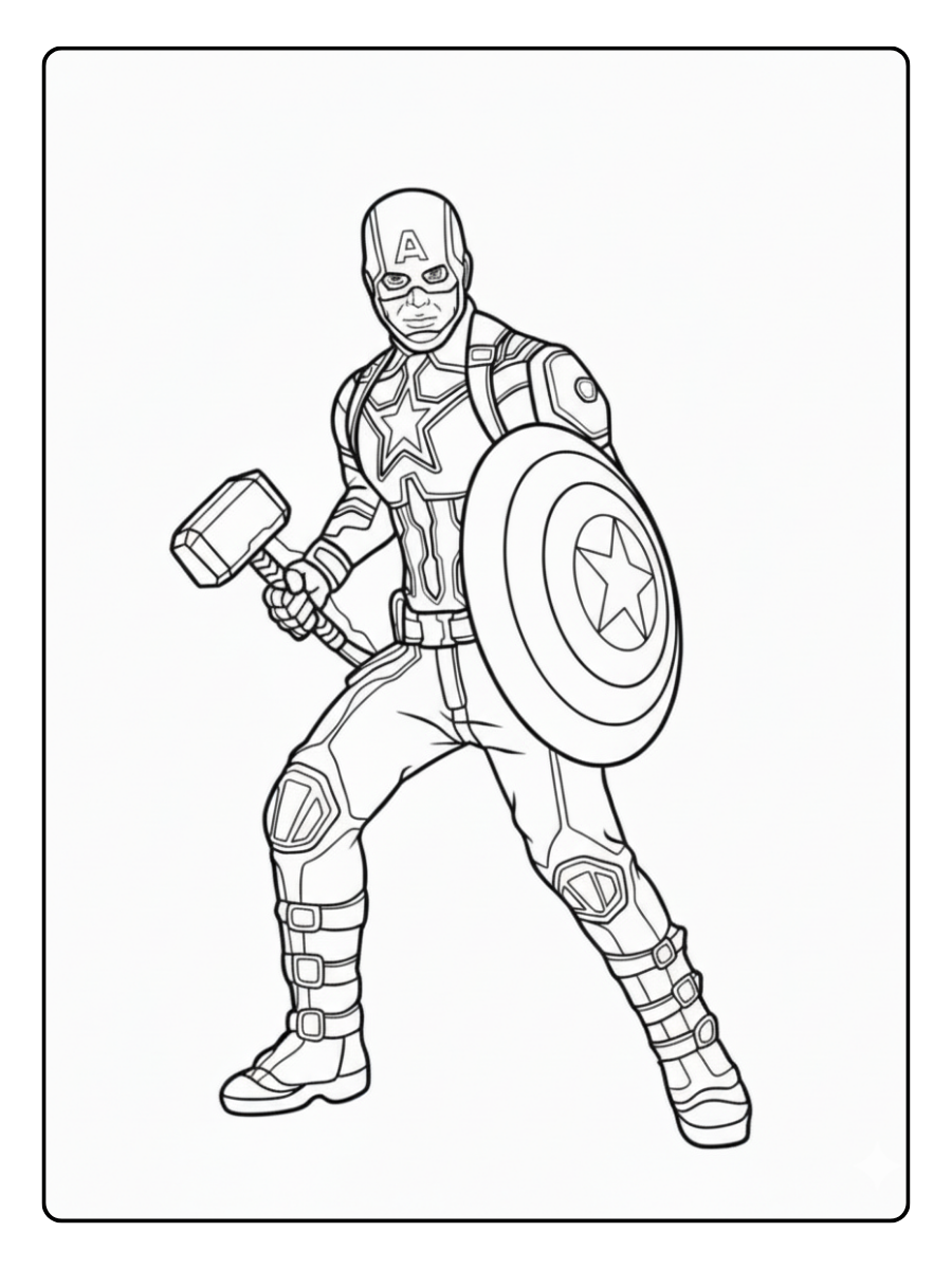 Captain America Coloring Pages – Captain America Holding Thors Hammer With Lightening