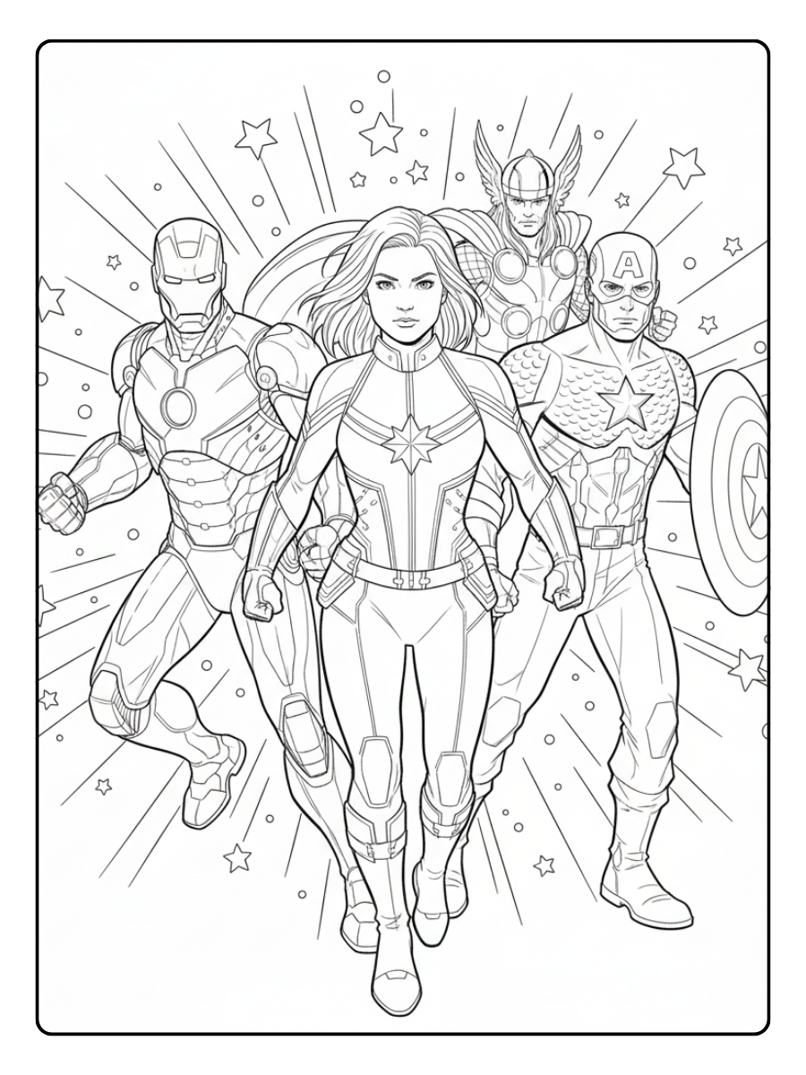Captain Marvel Coloring Pages – Captain Marvel with Team